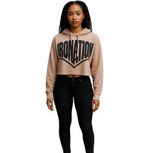 Women's Ironation Crop Long Sleeve Hoodie-Peach with Black Logo-Size M-Fleece
